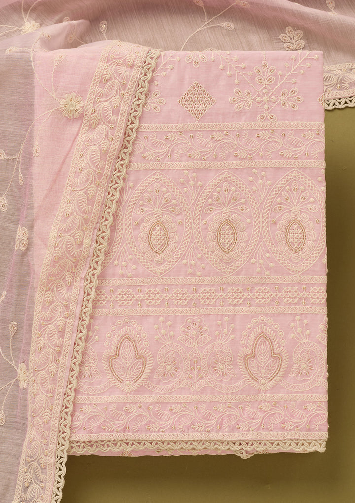 Baby Pink Cotton Threadwork Unstitched Dress Material With Matching Bottom And Dupatta