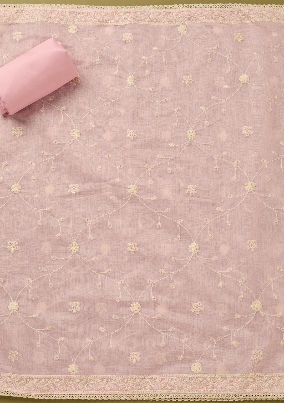 Baby Pink Cotton Threadwork Unstitched Dress Material With Matching Bottom And Dupatta