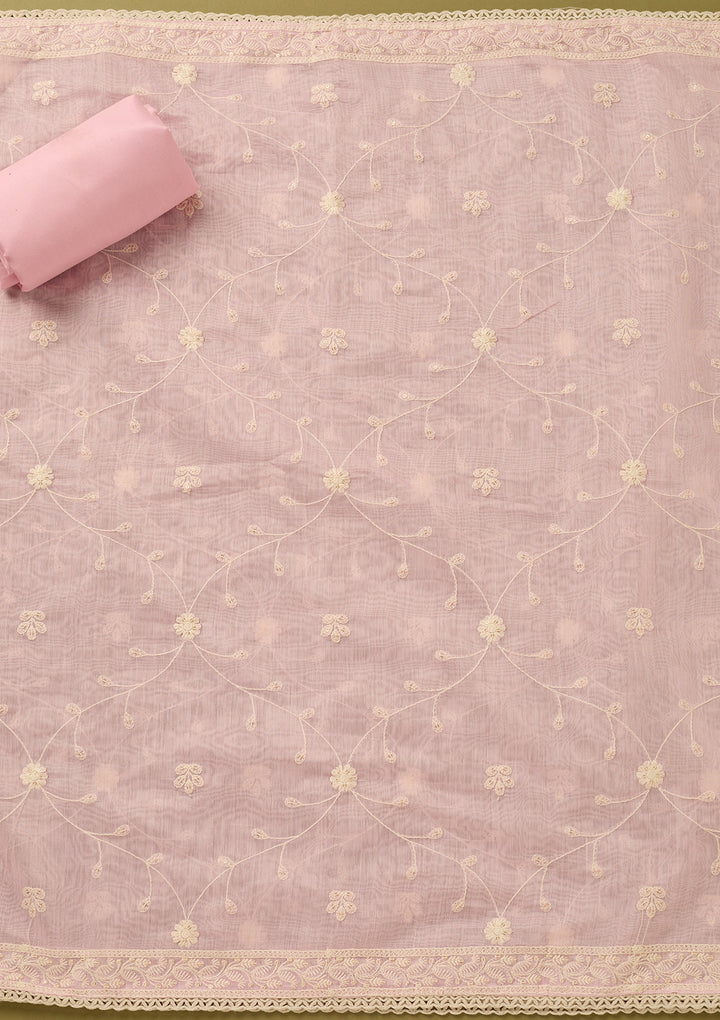 Baby Pink Cotton Threadwork Unstitched Dress Material With Matching Bottom And Dupatta