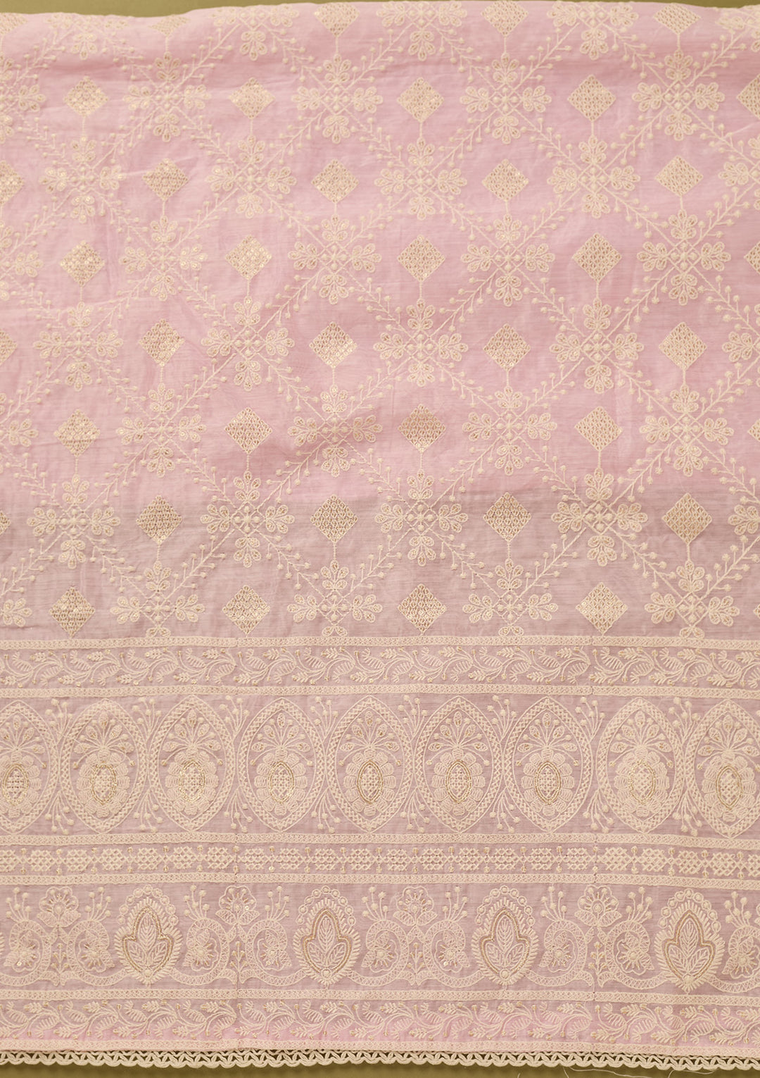 Baby Pink Cotton Threadwork Unstitched Dress Material With Matching Bottom And Dupatta