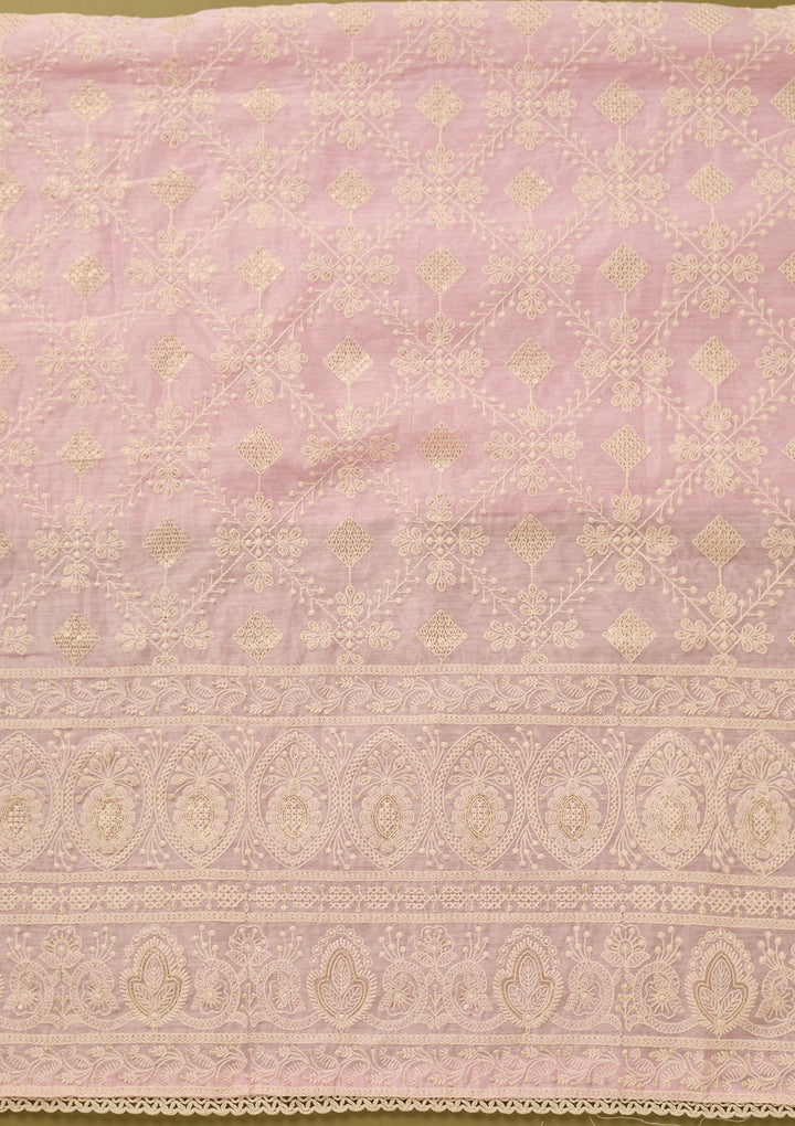 Baby Pink Cotton Threadwork Unstitched Dress Material With Matching Bottom And Dupatta