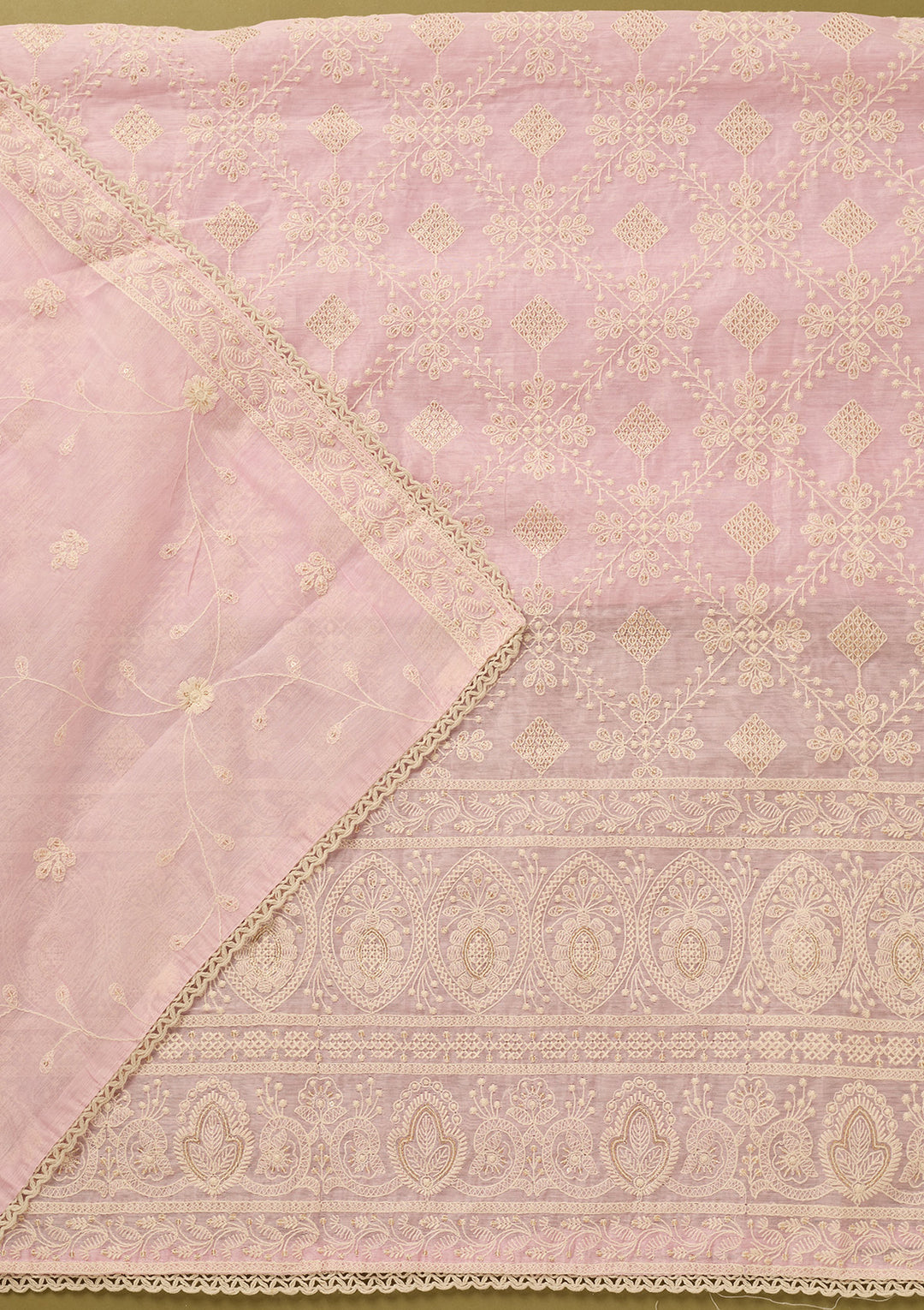 Baby Pink Cotton Threadwork Unstitched Dress Material With Matching Bottom And Dupatta