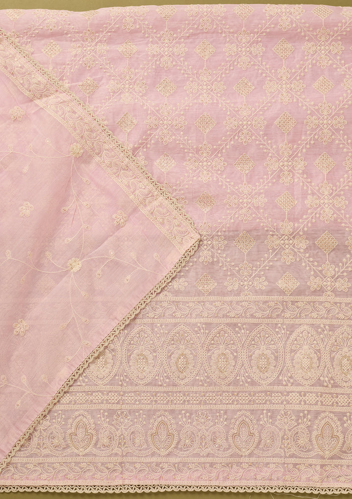 Baby Pink Cotton Threadwork Unstitched Dress Material With Matching Bottom And Dupatta