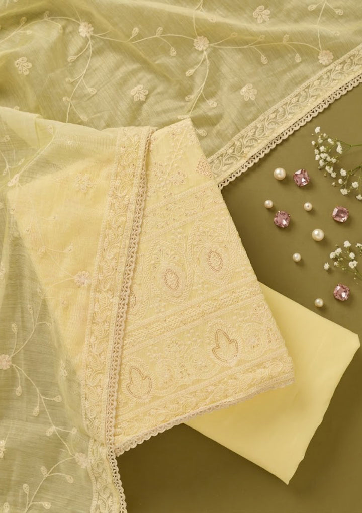 Lemon Yellow Cotton Threadwork Unstitched Dress Material With Matching Bottom And Dupatta