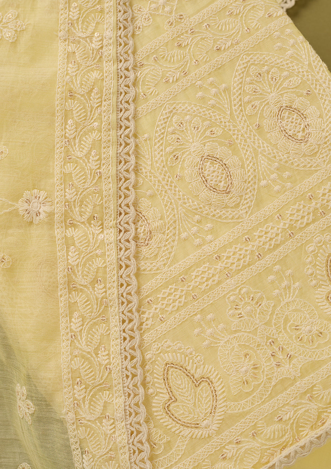 Lemon Yellow Cotton Threadwork Unstitched Dress Material With Matching Bottom And Dupatta