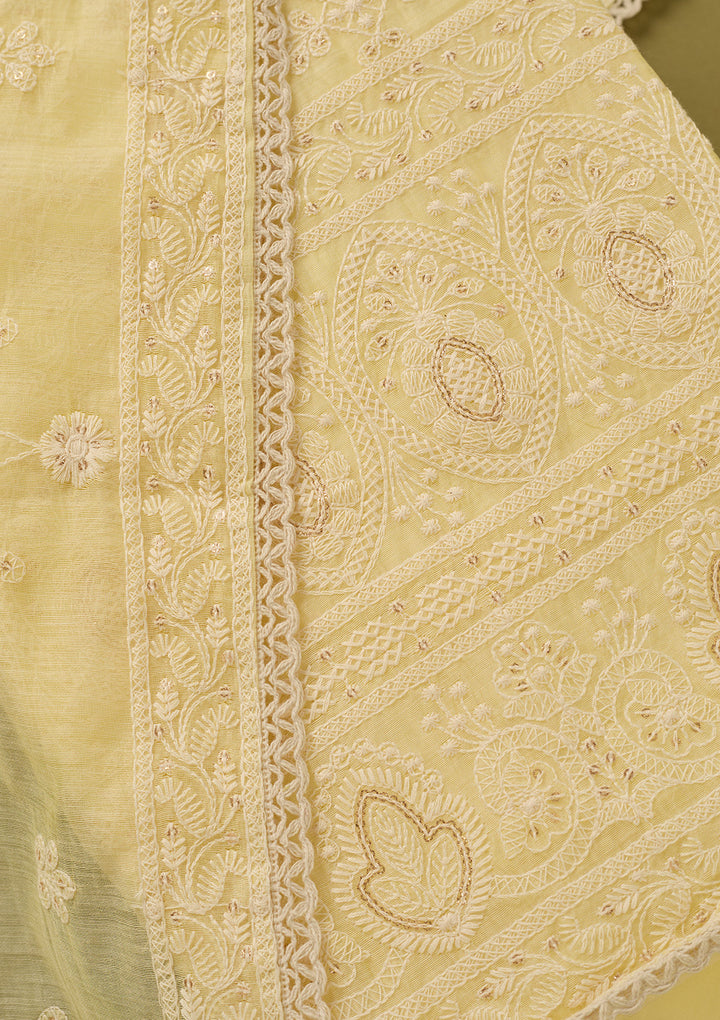 Lemon Yellow Cotton Threadwork Unstitched Dress Material With Matching Bottom And Dupatta