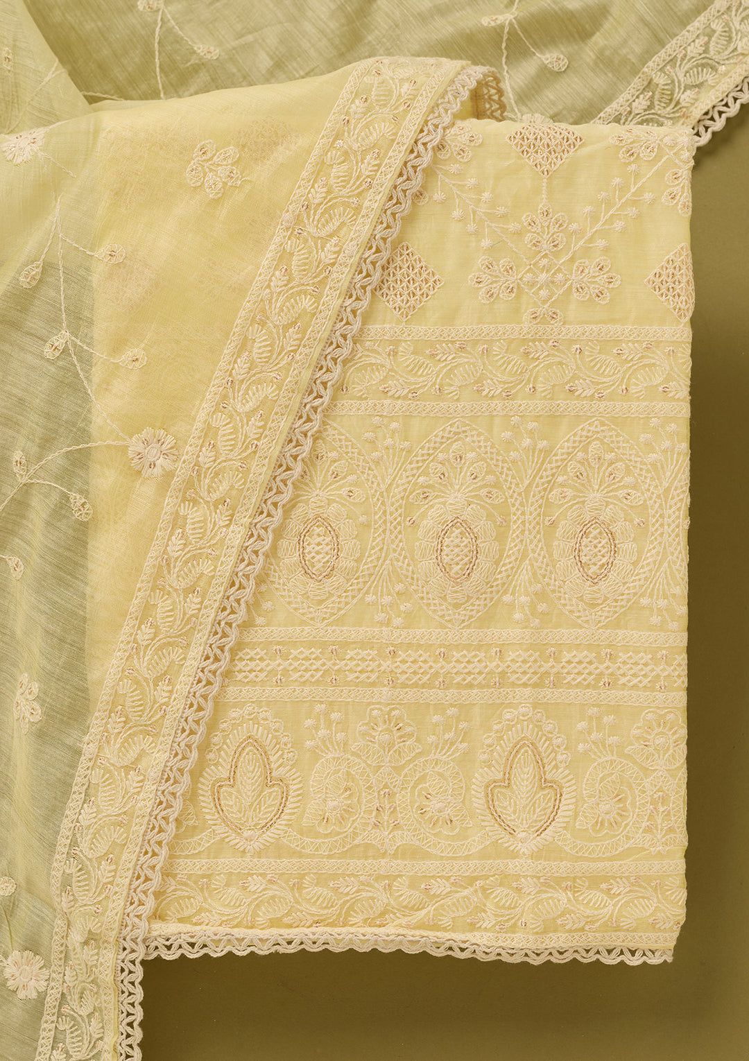 Lemon Yellow Cotton Threadwork Unstitched Dress Material With Matching Bottom And Dupatta