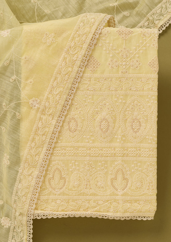 Lemon Yellow Cotton Threadwork Unstitched Dress Material With Matching Bottom And Dupatta