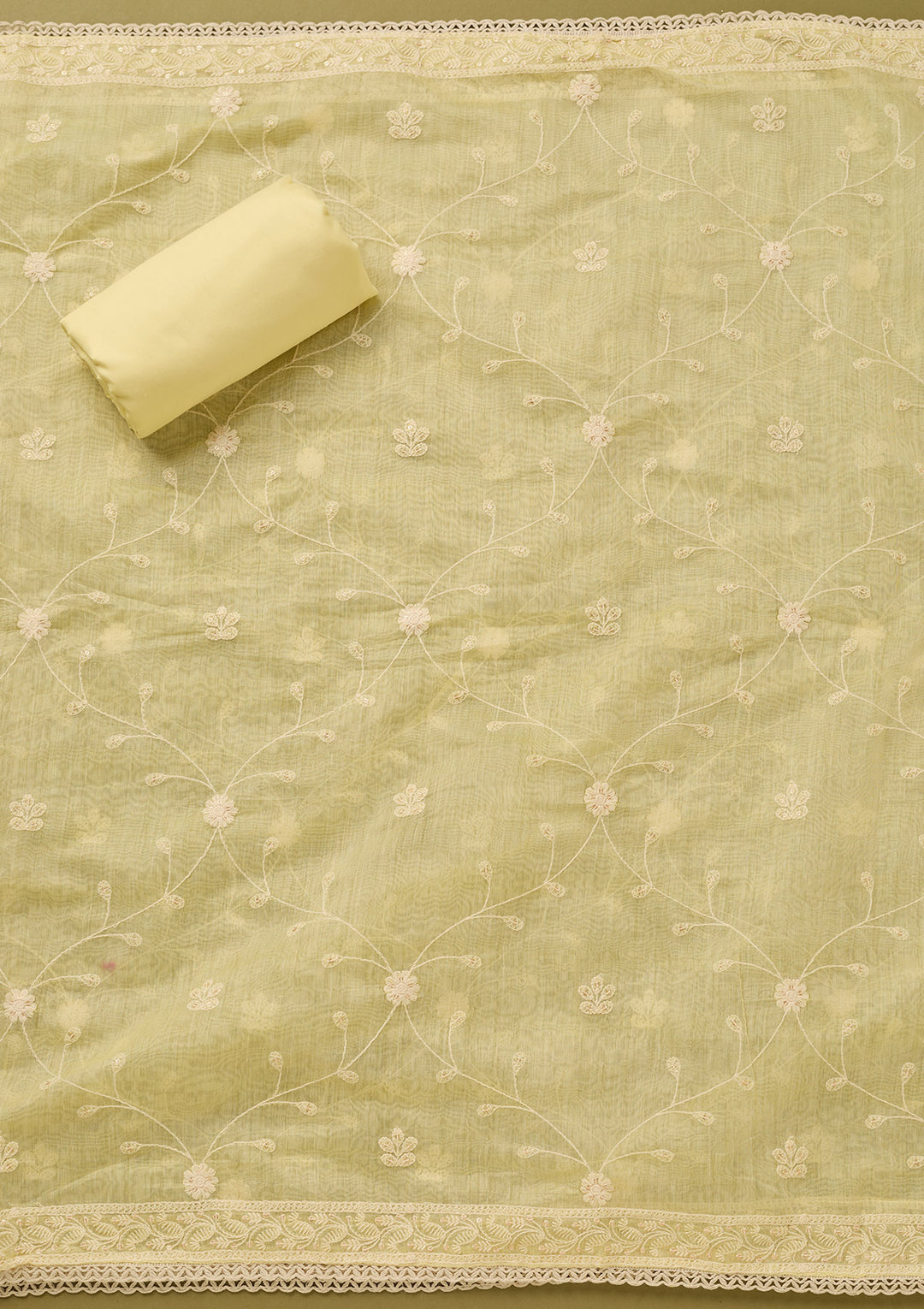 Lemon Yellow Cotton Threadwork Unstitched Dress Material With Matching Bottom And Dupatta
