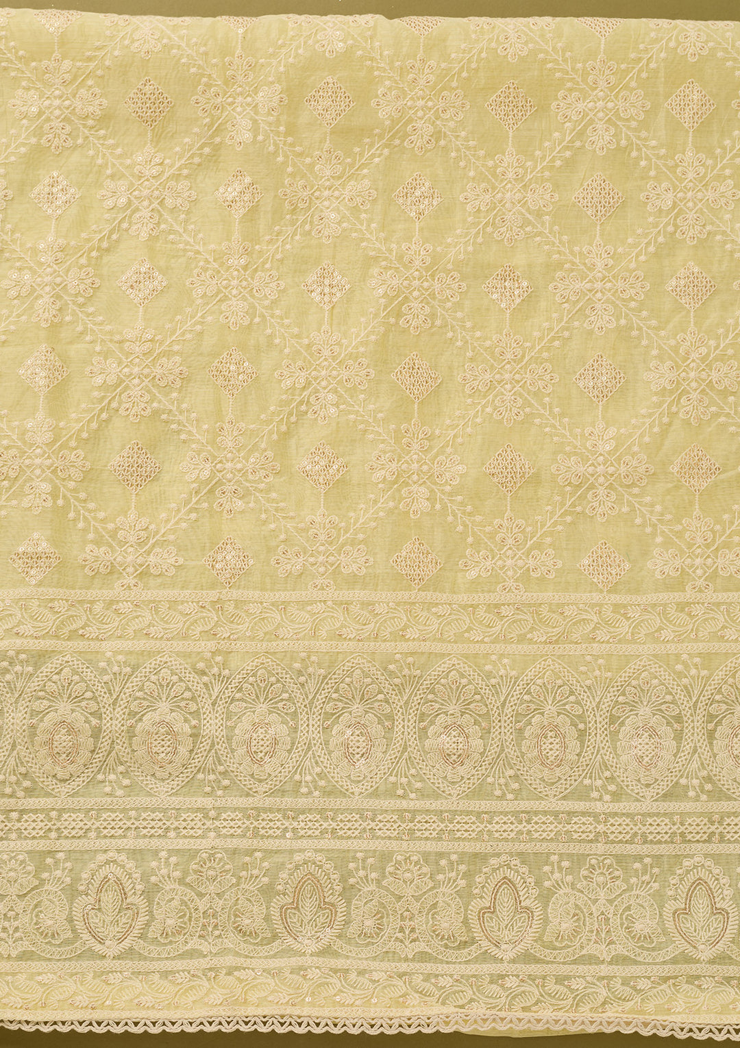 Lemon Yellow Cotton Threadwork Unstitched Dress Material With Matching Bottom And Dupatta