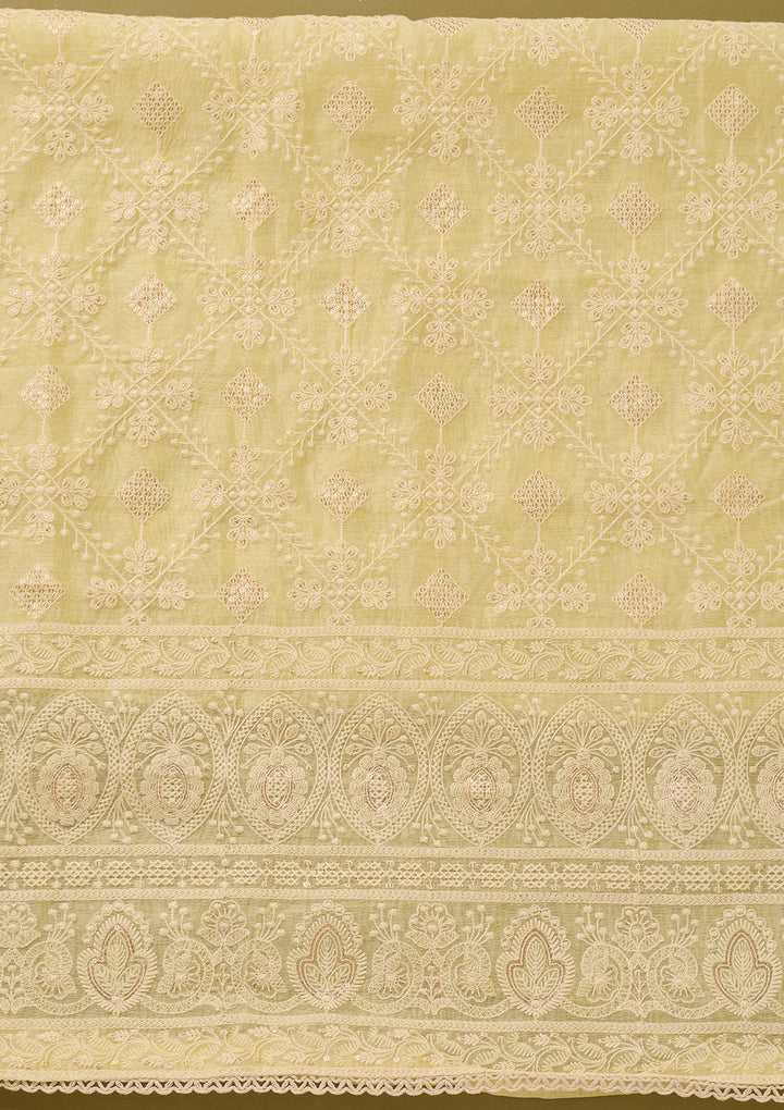 Lemon Yellow Cotton Threadwork Unstitched Dress Material With Matching Bottom And Dupatta