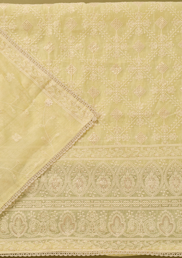 Lemon Yellow Cotton Threadwork Unstitched Dress Material With Matching Bottom And Dupatta