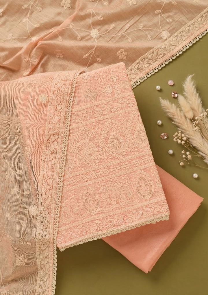 Peach Cotton Threadwork Unstitched Dress Material With Matching Bottom And Dupatta
