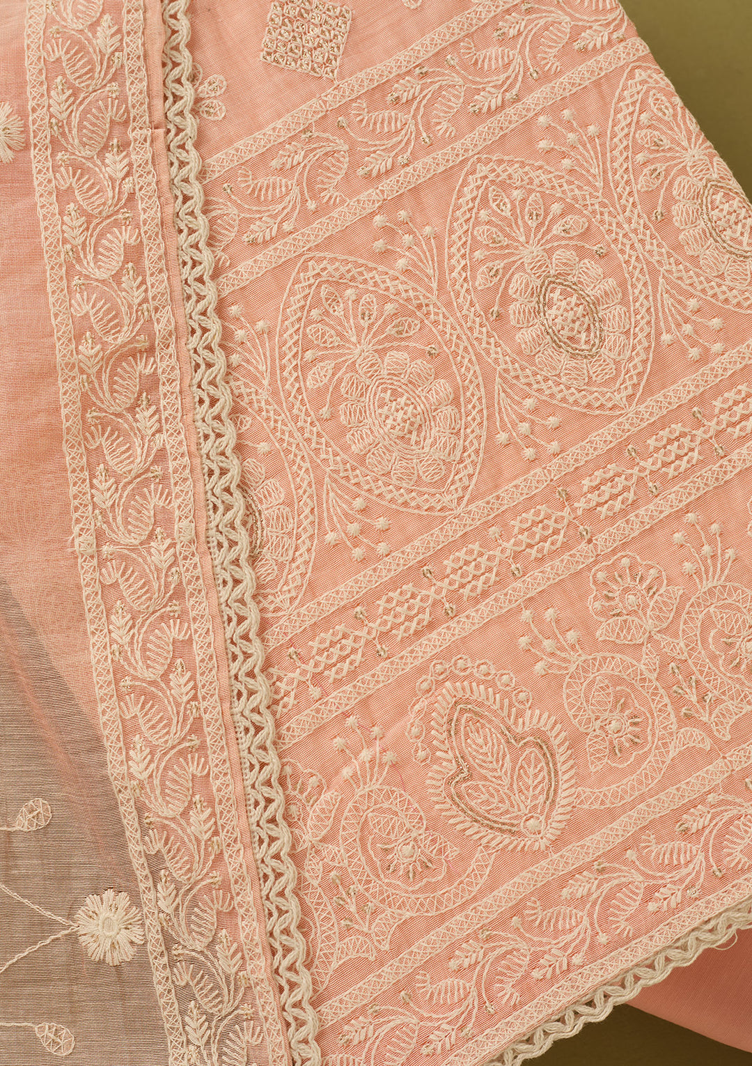 Peach Cotton Threadwork Unstitched Dress Material With Matching Bottom And Dupatta