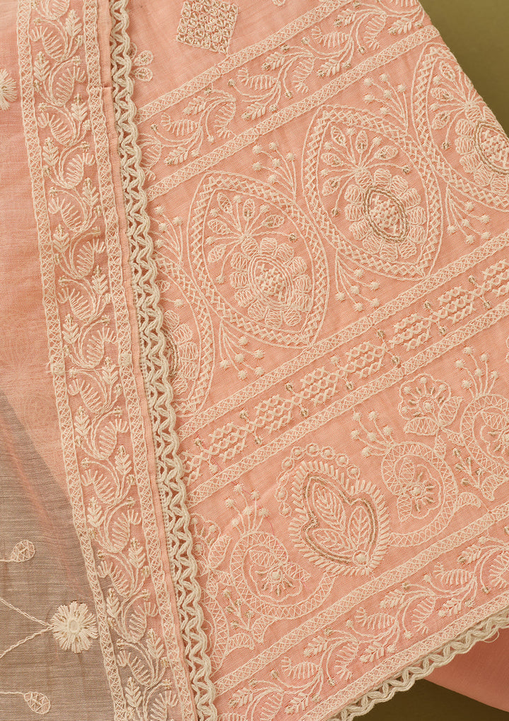 Peach Cotton Threadwork Unstitched Dress Material With Matching Bottom And Dupatta