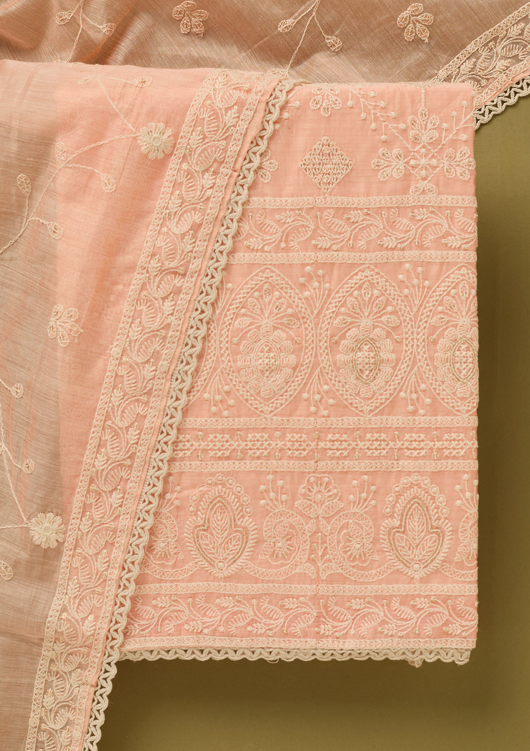 Peach Cotton Threadwork Unstitched Dress Material With Matching Bottom And Dupatta