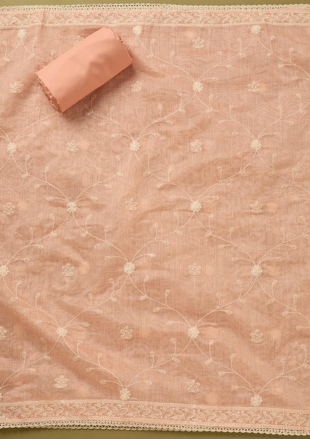 Peach Cotton Threadwork Unstitched Dress Material With Matching Bottom And Dupatta