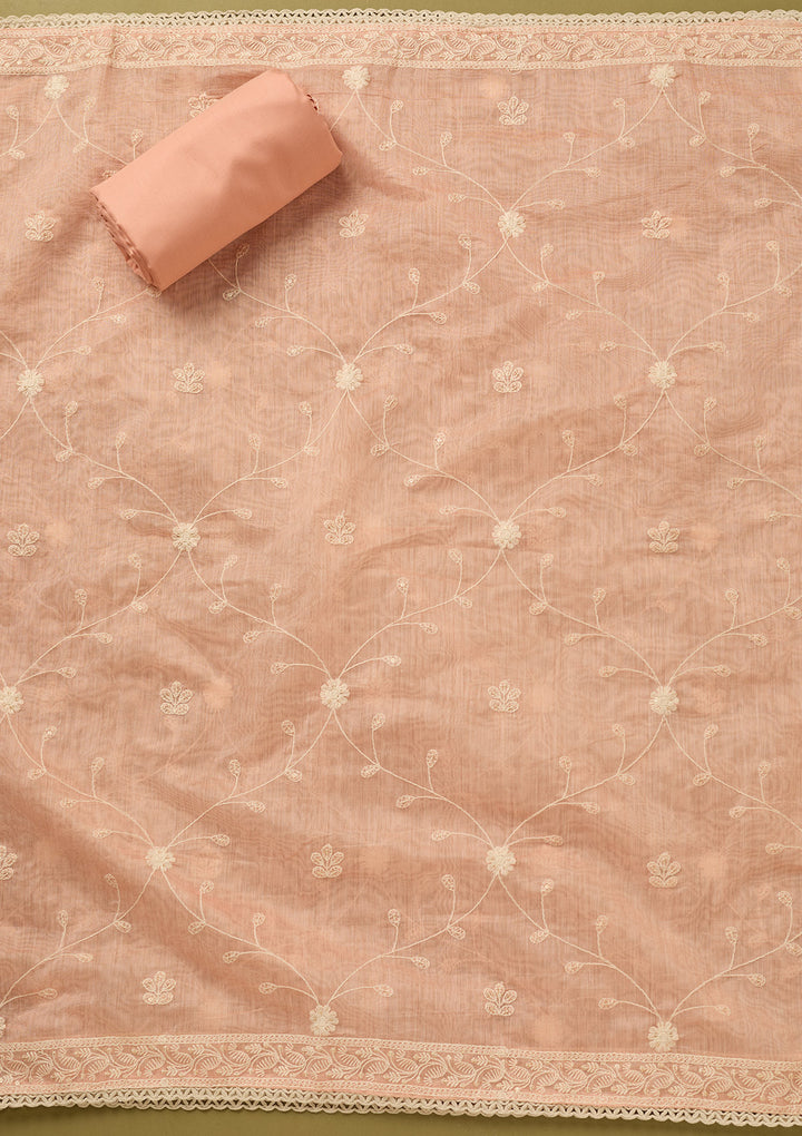 Peach Cotton Threadwork Unstitched Dress Material With Matching Bottom And Dupatta