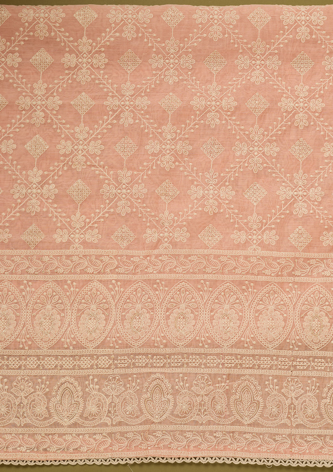 Peach Cotton Threadwork Unstitched Dress Material With Matching Bottom And Dupatta