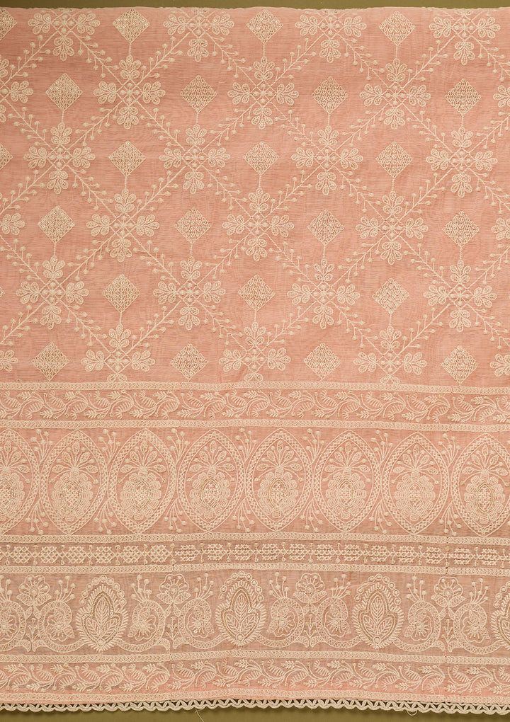 Peach Cotton Threadwork Unstitched Dress Material With Matching Bottom And Dupatta