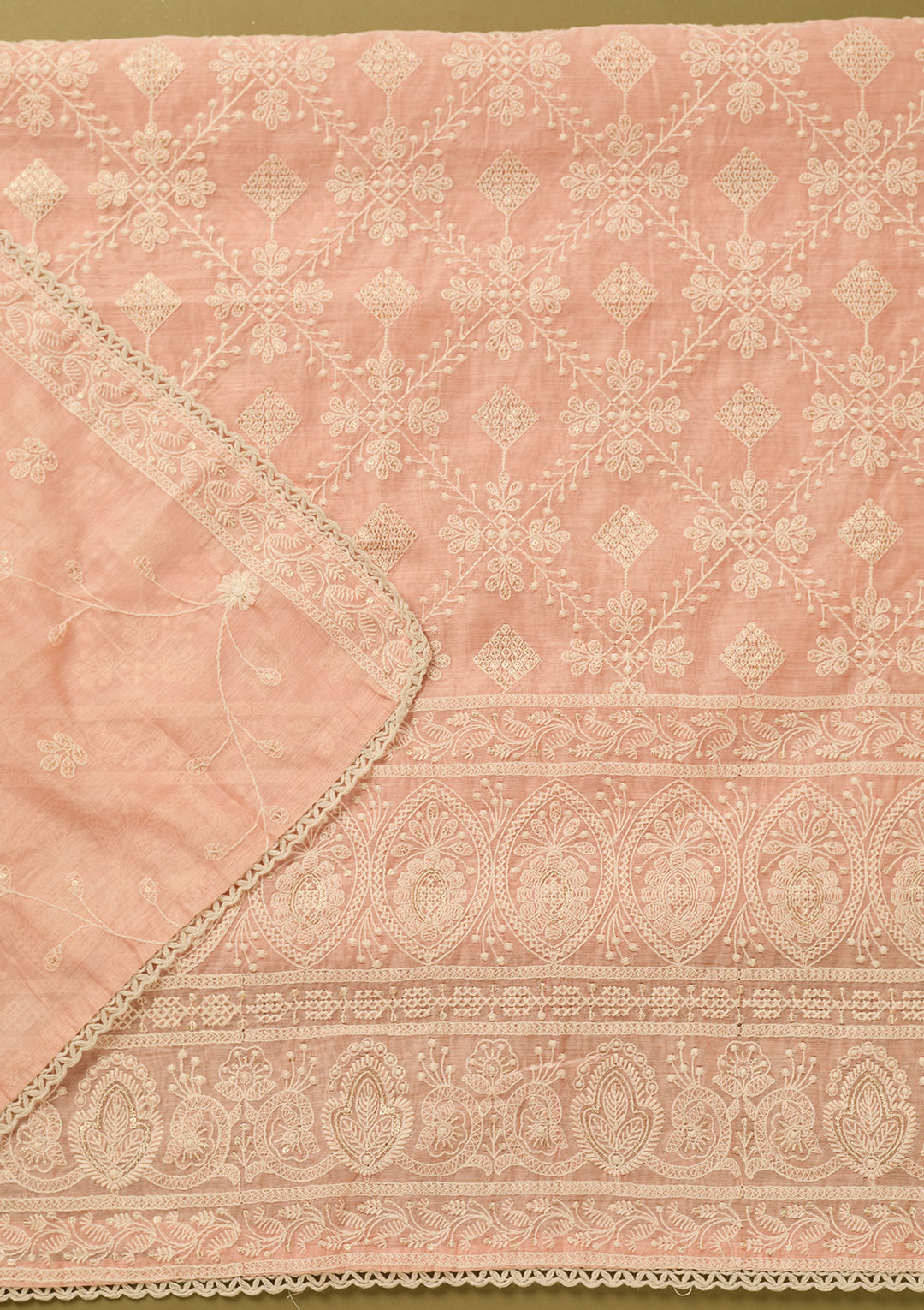 Peach Cotton Threadwork Unstitched Dress Material With Matching Bottom And Dupatta