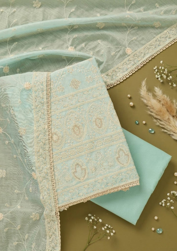 Sky Blue Cotton Threadwork Unstitched Dress Material With Matching Bottom And Dupatta