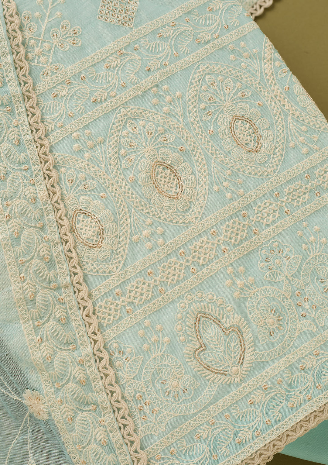 Sky Blue Cotton Threadwork Unstitched Dress Material With Matching Bottom And Dupatta