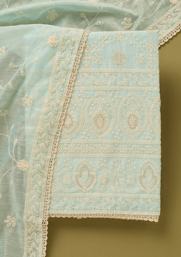 Sky Blue Cotton Threadwork Unstitched Dress Material With Matching Bottom And Dupatta