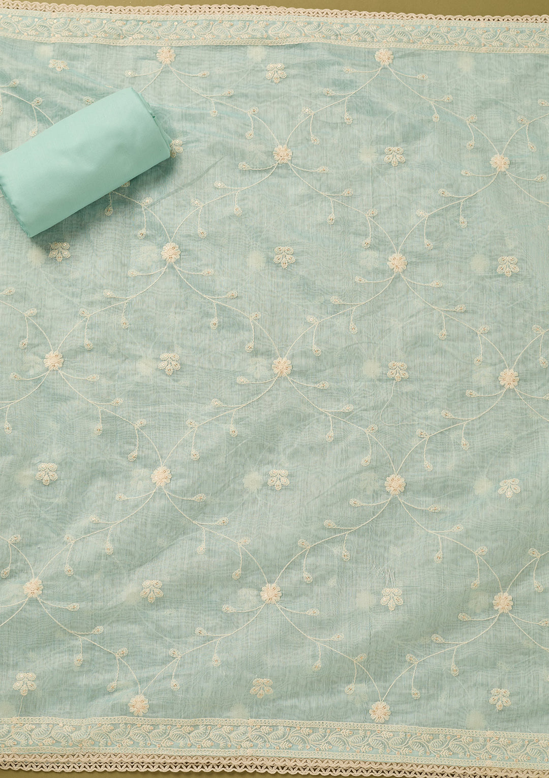 Sky Blue Cotton Threadwork Unstitched Dress Material With Matching Bottom And Dupatta