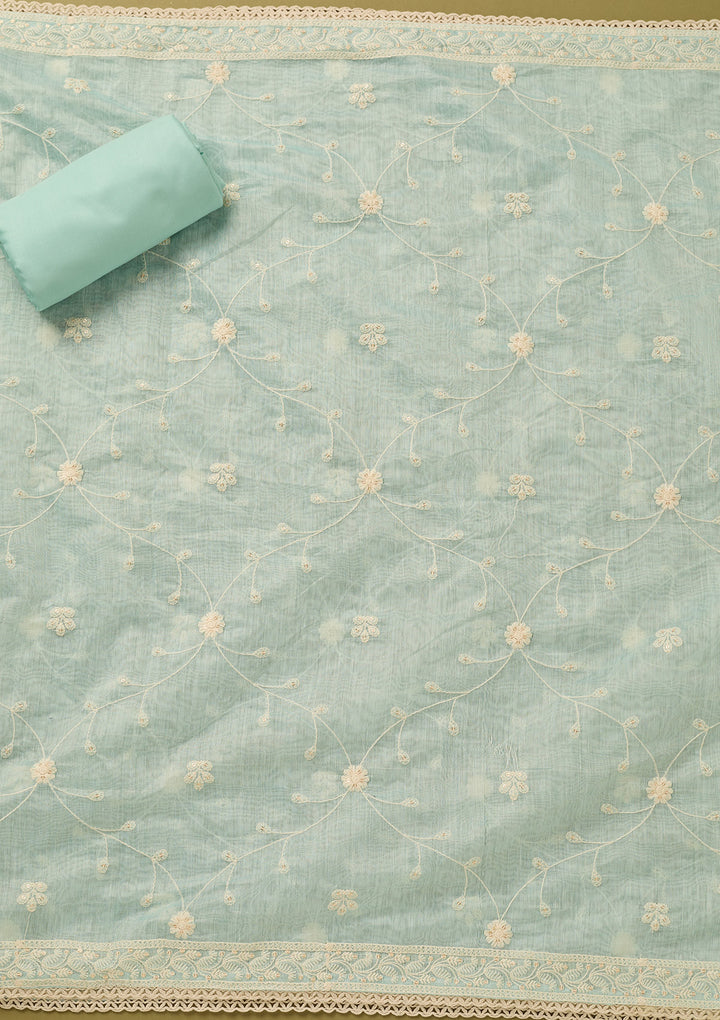 Sky Blue Cotton Threadwork Unstitched Dress Material With Matching Bottom And Dupatta