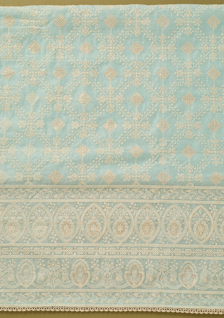 Sky Blue Cotton Threadwork Unstitched Dress Material With Matching Bottom And Dupatta
