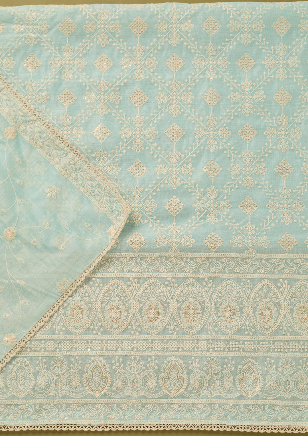Sky Blue Cotton Threadwork Unstitched Dress Material With Matching Bottom And Dupatta