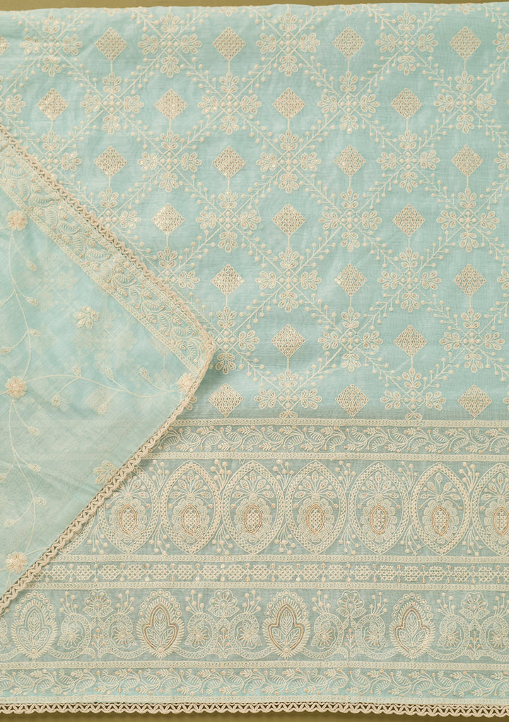 Sky Blue Cotton Threadwork Unstitched Dress Material With Matching Bottom And Dupatta