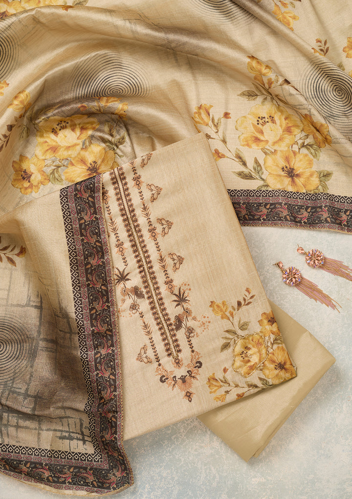 Beige Mustard Chanderi Cutdana Unstitched Dress Material With Matching Bottom And Dupatta