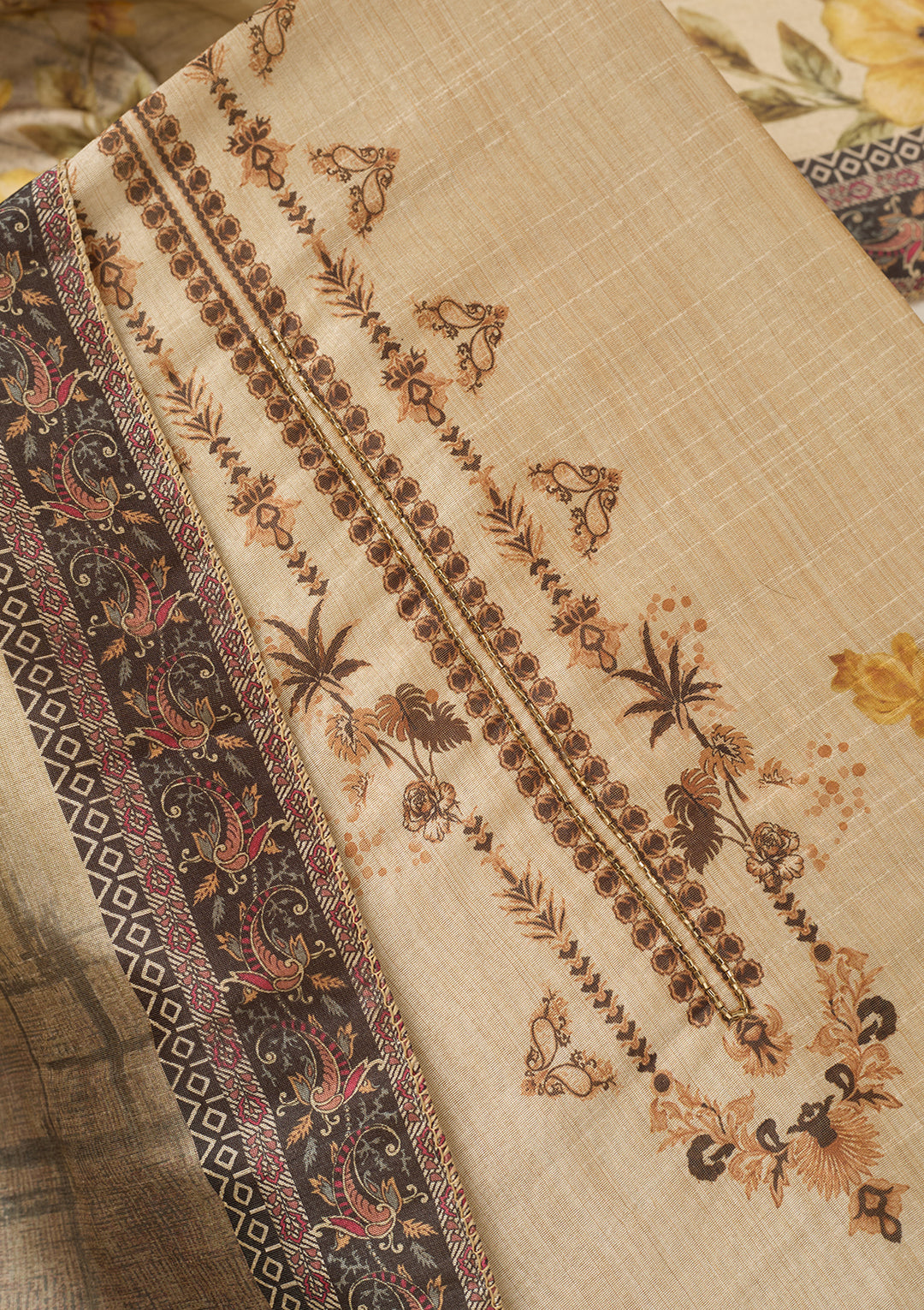 Beige Mustard Chanderi Cutdana Unstitched Dress Material With Matching Bottom And Dupatta