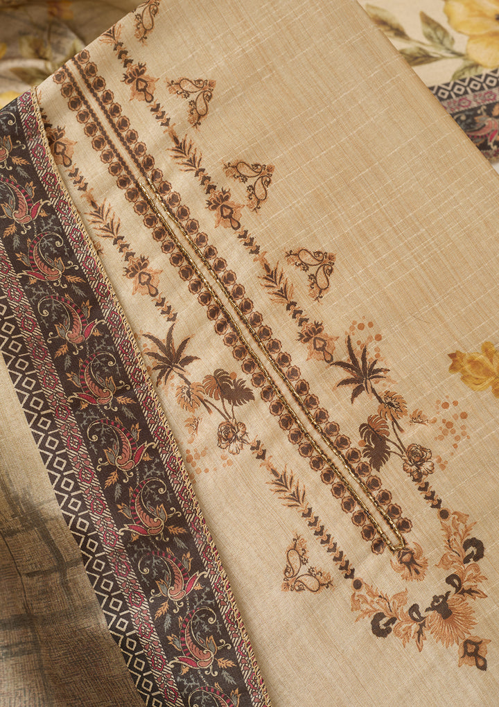 Beige Mustard Chanderi Cutdana Unstitched Dress Material With Matching Bottom And Dupatta
