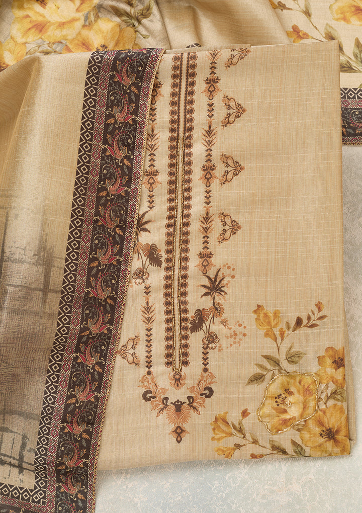 Beige Mustard Chanderi Cutdana Unstitched Dress Material With Matching Bottom And Dupatta
