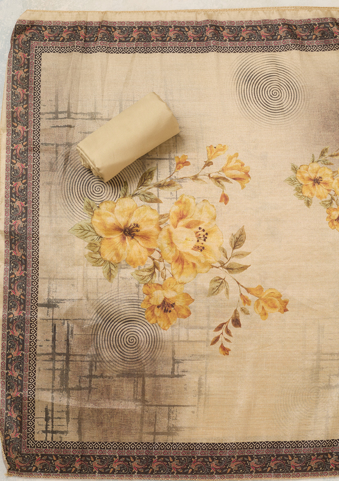 Beige Mustard Chanderi Cutdana Unstitched Dress Material With Matching Bottom And Dupatta