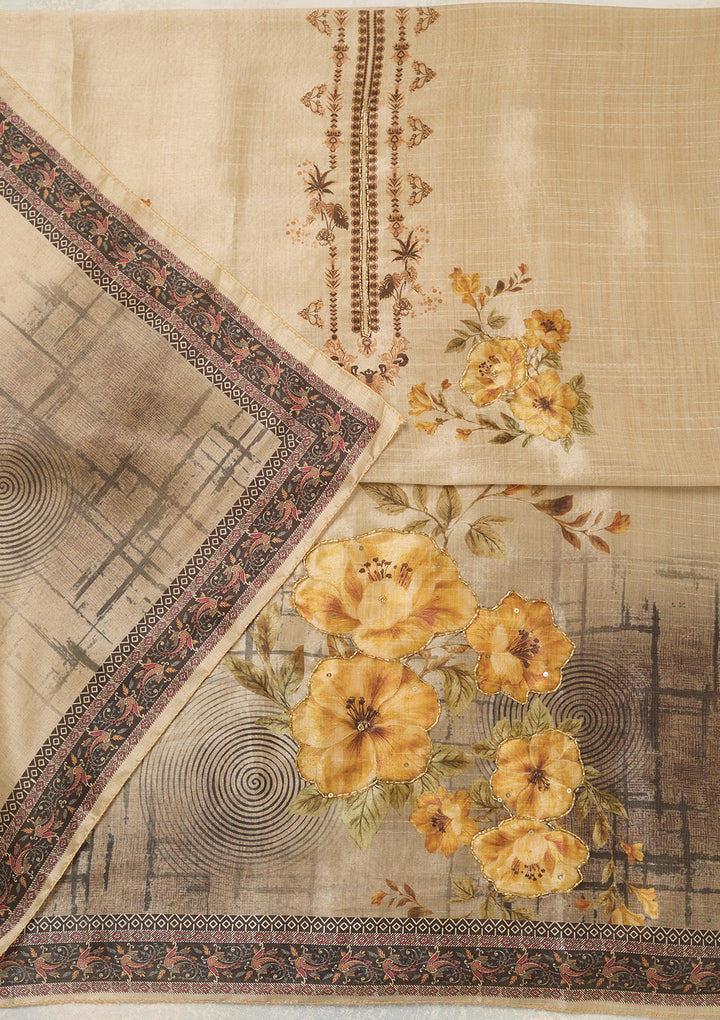 Beige Mustard Chanderi Cutdana Unstitched Dress Material With Matching Bottom And Dupatta