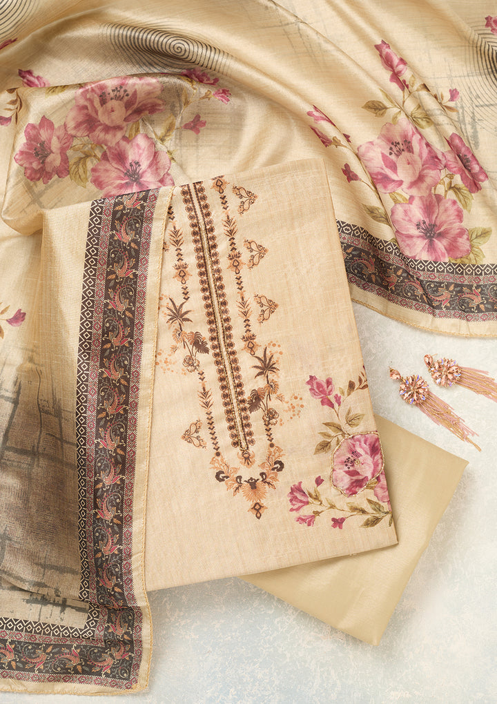 Beige Purple Chanderi Cutdana Unstitched Dress Material With Matching Bottom And Dupatta