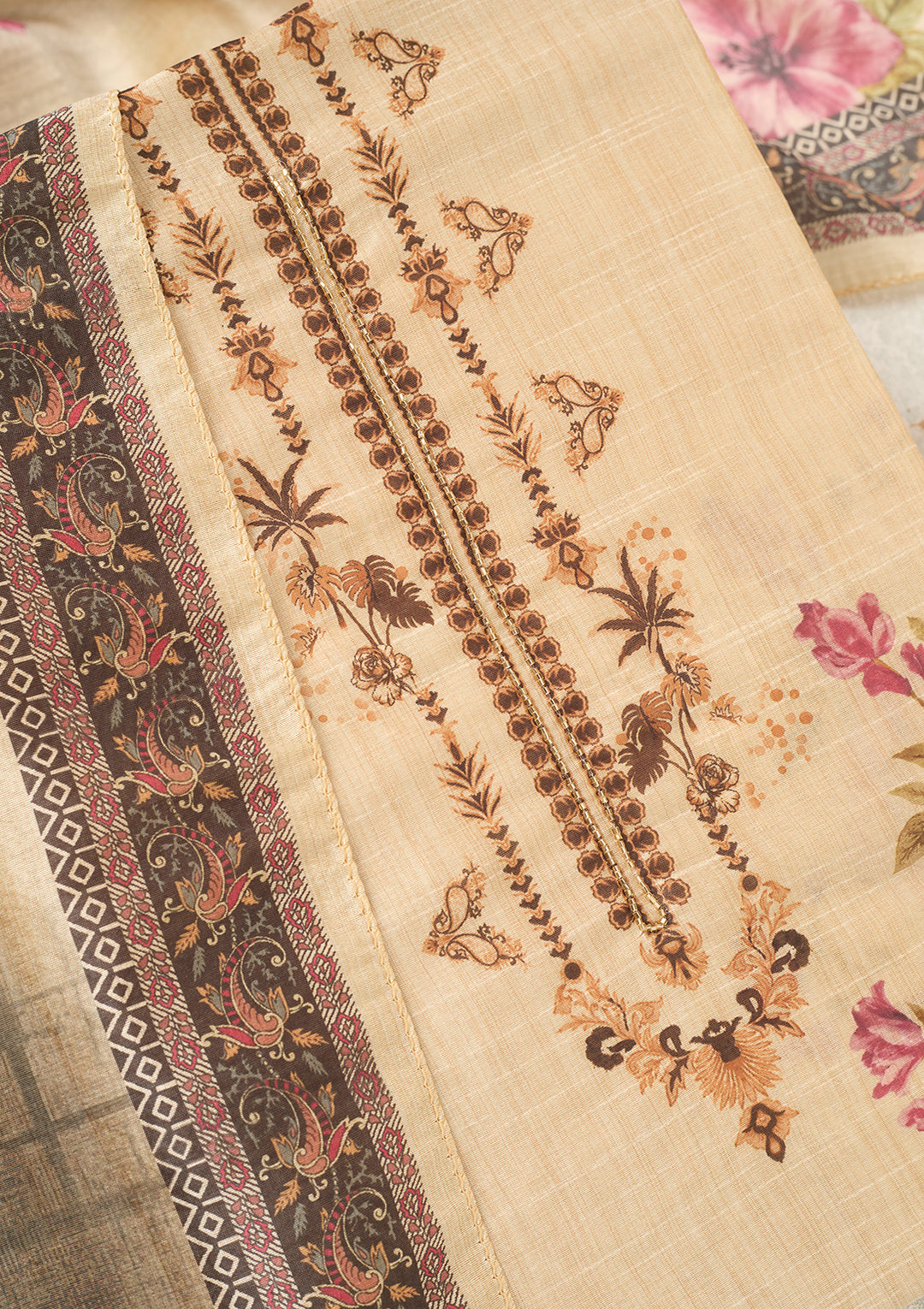 Beige Purple Chanderi Cutdana Unstitched Dress Material With Matching Bottom And Dupatta