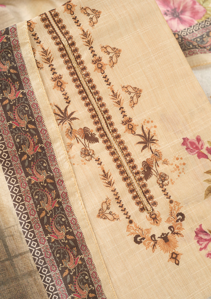 Beige Purple Chanderi Cutdana Unstitched Dress Material With Matching Bottom And Dupatta