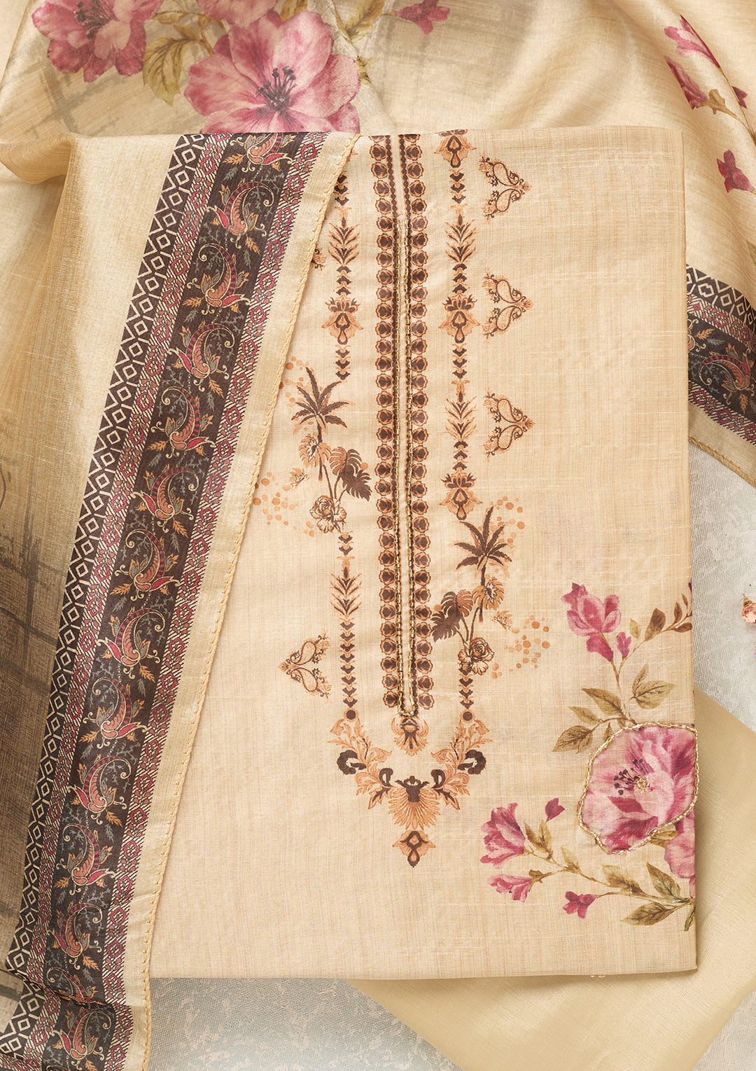 Beige Purple Chanderi Cutdana Unstitched Dress Material With Matching Bottom And Dupatta