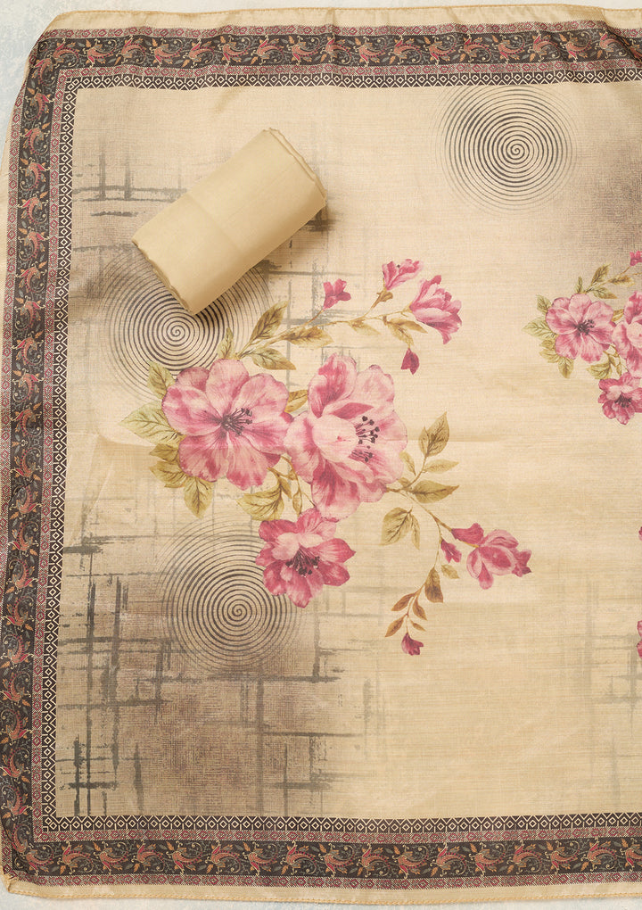 Beige Purple Chanderi Cutdana Unstitched Dress Material With Matching Bottom And Dupatta