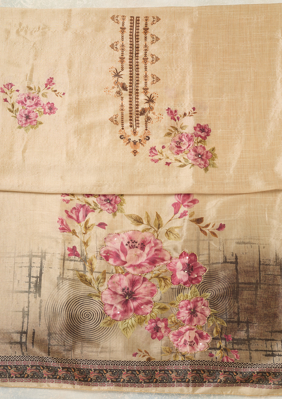 Beige Purple Chanderi Cutdana Unstitched Dress Material With Matching Bottom And Dupatta