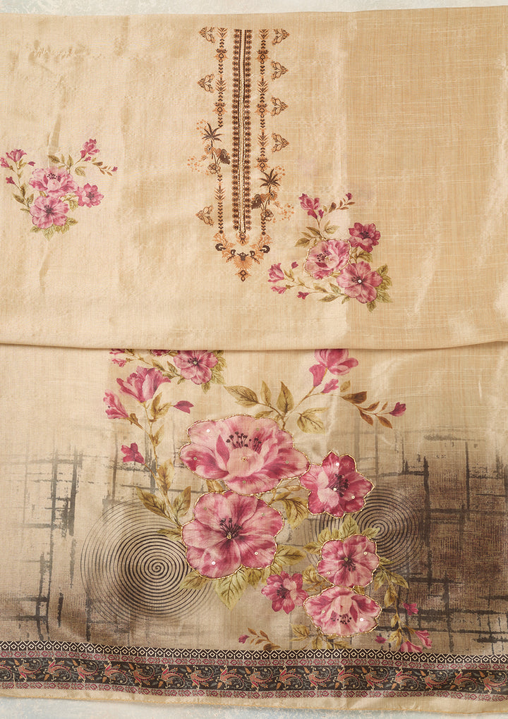 Beige Purple Chanderi Cutdana Unstitched Dress Material With Matching Bottom And Dupatta