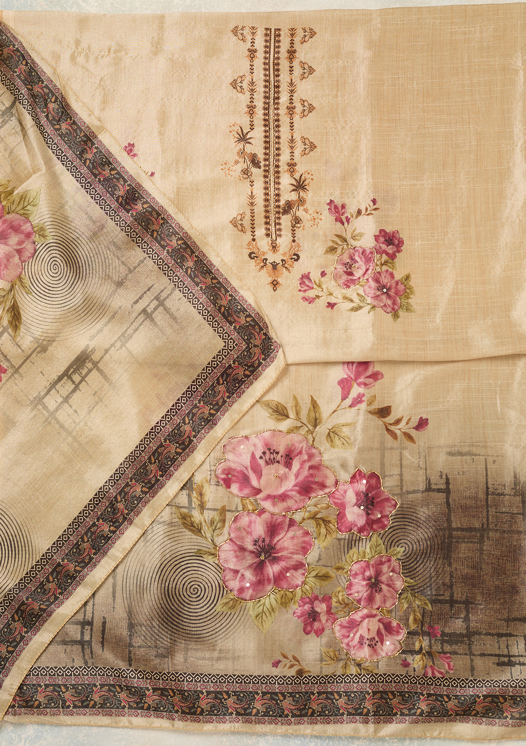 Beige Purple Chanderi Cutdana Unstitched Dress Material With Matching Bottom And Dupatta