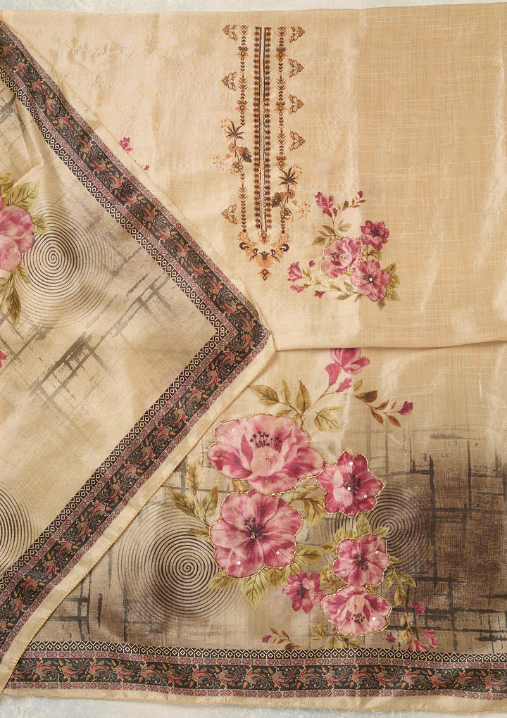 Beige Purple Chanderi Cutdana Unstitched Dress Material With Matching Bottom And Dupatta
