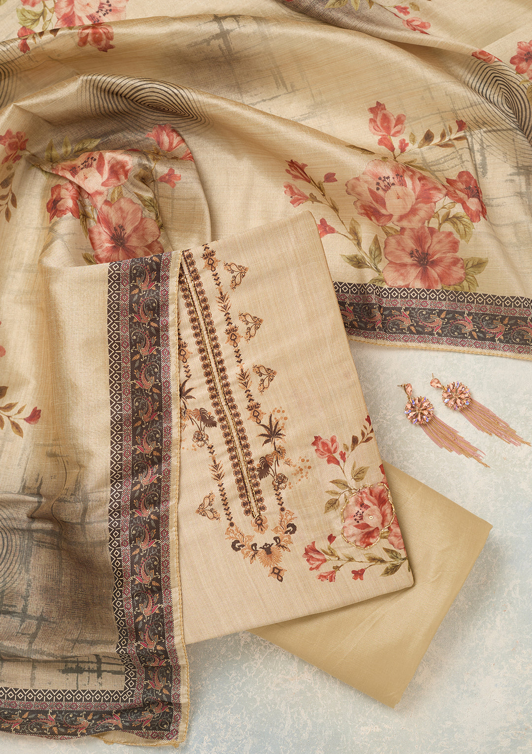 Beige Rust Chanderi Cutdana Unstitched Dress Material With Matching Bottom And Dupatta