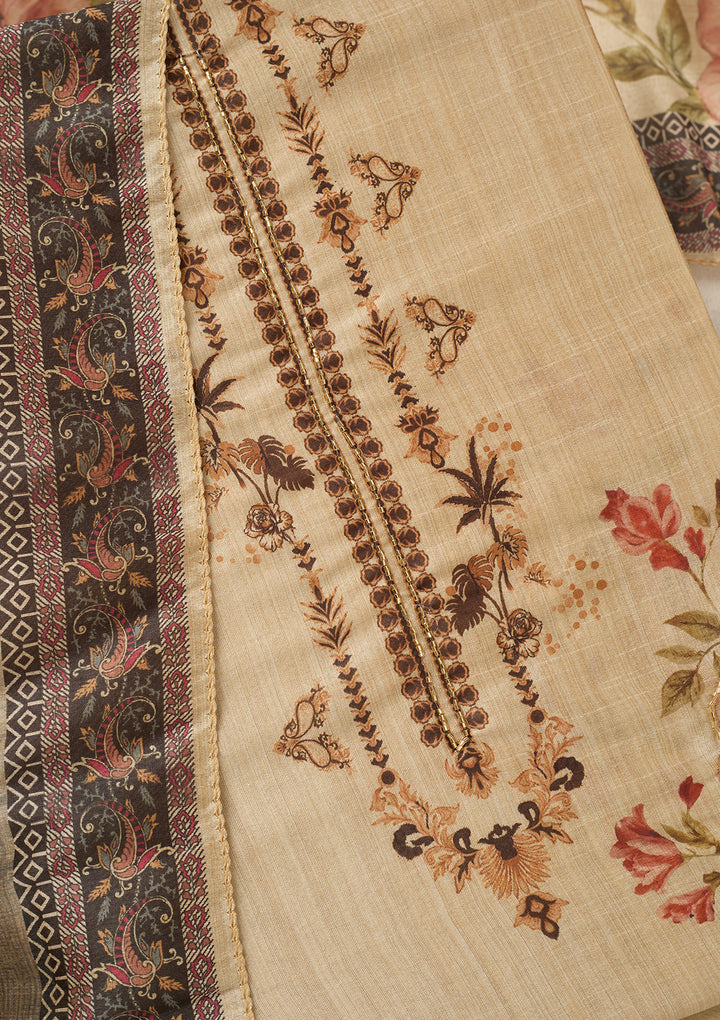 Beige Rust Chanderi Cutdana Unstitched Dress Material With Matching Bottom And Dupatta